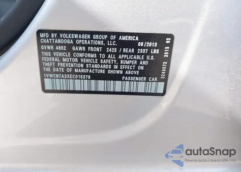 2014 Volkswagen Passat 2.0L Tdi Sel Premium из США, поврежденный, VIN 1VWCN7A3XEC015379